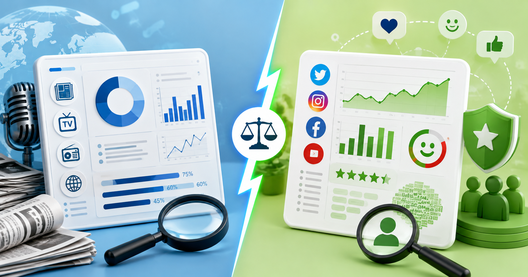 Media monitoring report vs brand monitoring report comparison with analytics dashboards and monitoring tools
